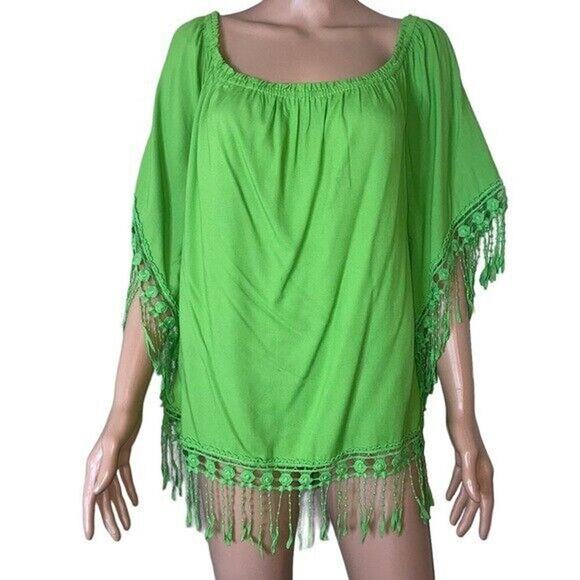 Sunny Leigh SZ LP bright green tasseled trim light weight top blouse - Picture 2 of 9